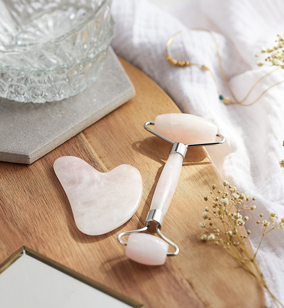Coffret Massage Nature & Découverte - Roller Et Gua Sha En Quartz Rose Pour Soin Du Visage