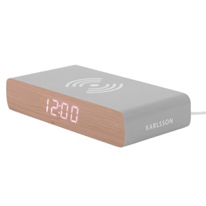 Réveil Rétro Flat Karlsson affichage led chargeur à induction coque en bois Gris