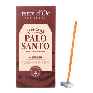 Coffret 25 bâtons d’encens Palo Santo du Pérou et support en pierre terre d'Oc