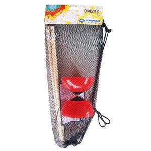 Jeu de Diabolo rouge avec baguettes en bois et filet de transport