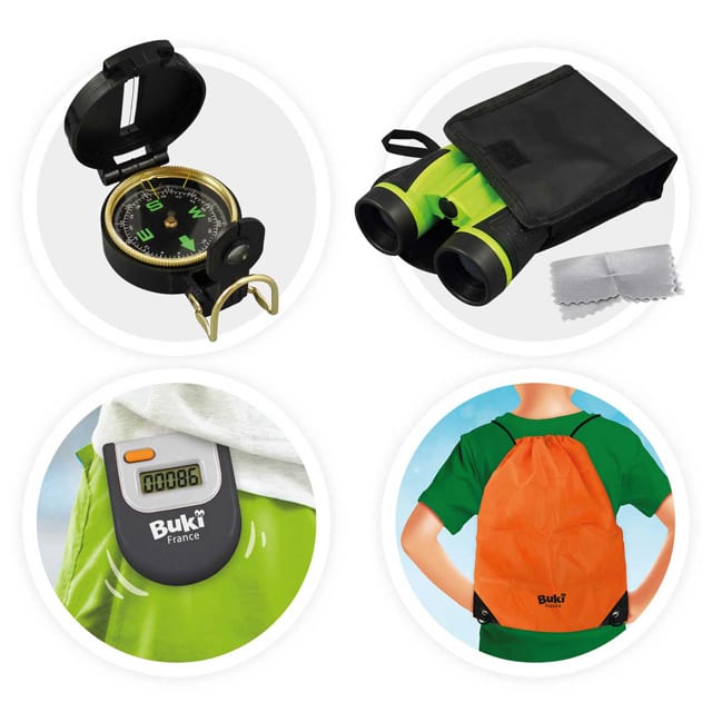 Kit explorateur nature pour enfant jumelles boussole lampe frontale podomètre (Buki France) - Image 1