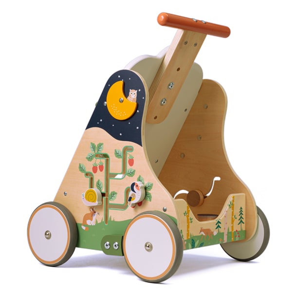 Chariot de marche bébé avec table d'activités, en bois. Livré 24/48h