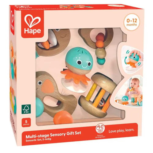 Hape - Coffret 5 jouets d'éveil sensoriel en bois Hape