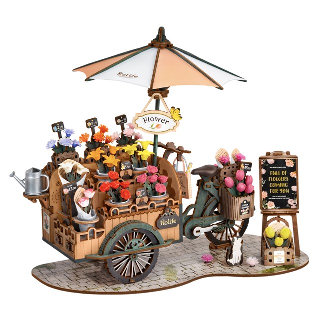 Maquette marchand de fleurs vintage à vélo scène 3D Rolife