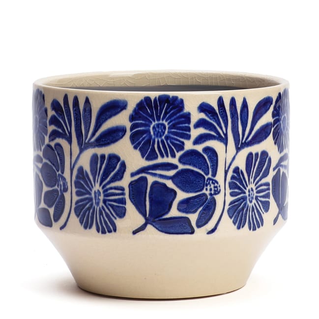 Cache-pot en céramique fleurs bleu 16 cm