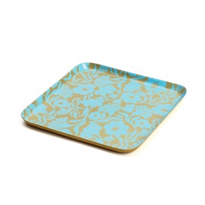 Plateau de service artisanal en métal émaillé motif floral 25 x 25 cm