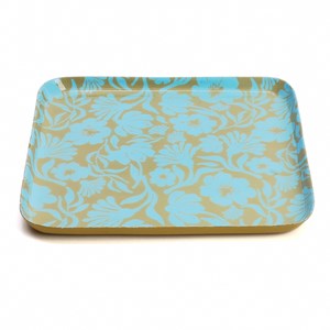 Plateau de service artisanal en métal émaillé motif floral 25 x 25 cm