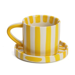 Tasse en céramique rayée avec soucoupe 350 ml Jaune