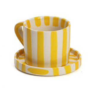 Tasse en céramique rayée avec soucoupe 350 ml Jaune