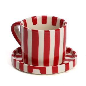 Tasse en céramique rayée avec soucoupe 350 ml Rouge