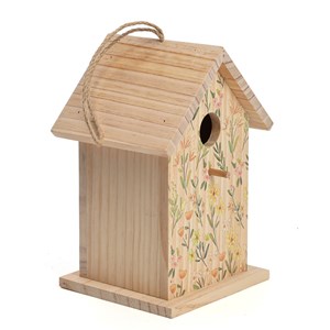 Nichoir en bois artisanal pour mésanges motif fleuri