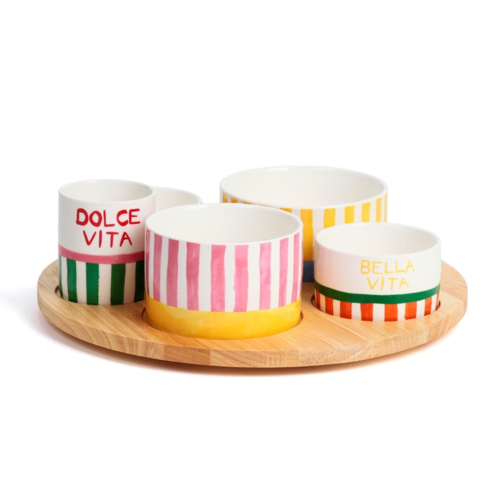 Nature & Découvertes - Plateau apéritif en bois et ses 6 coupelles en porcelaine Dolce Vita