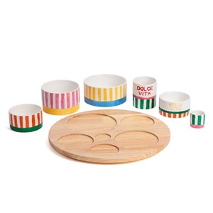 Plateau apéritif en bois et ses 6 coupelles en porcelaine Dolce Vita