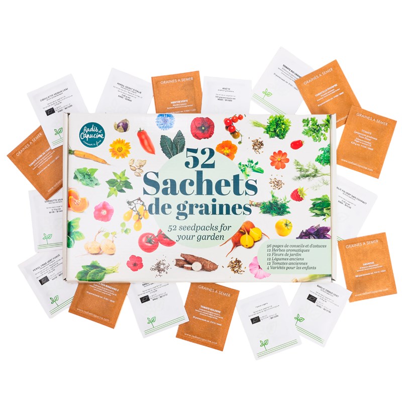 Coffret 52 sachets de graines aromatiques fleurs légumes Radis et Capucine