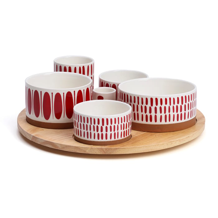 Plateau apéritif Etna en bois et 6 coupelles en porcelaine