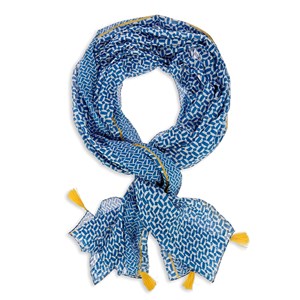 Chèche bleu pompons jaunes