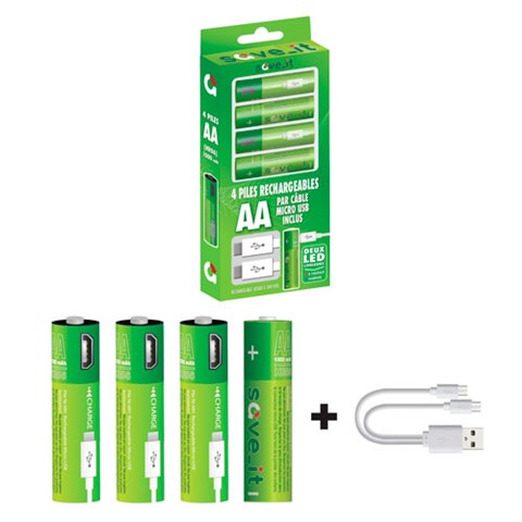 4 Piles Rechargeables via USB – AA / LR6 – Wonder Charge Facile sur Prise USB