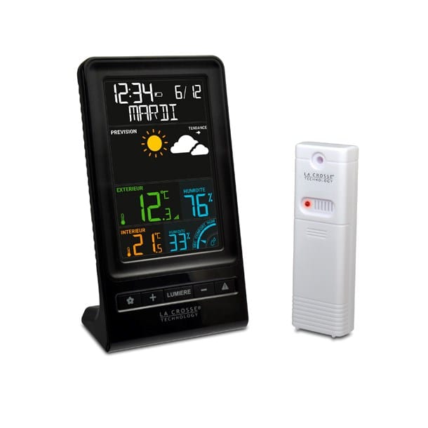 Station météo avec sonde extérieure, températures intérieure et extérieure,  hygromètre et rad (noir, ABS, 282g) comme objets publicitaires Sur