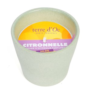 Bougie d'extérieur parfumée citronnelle SOS été en cire végétale terre d'Oc Pot vert