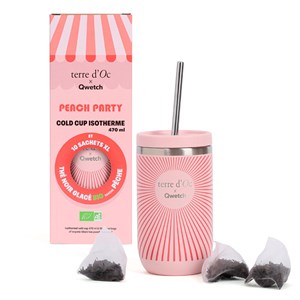 Coffret thé noir glacé bio saveur pêche et mug isotherme Qwetch terre d'Oc
