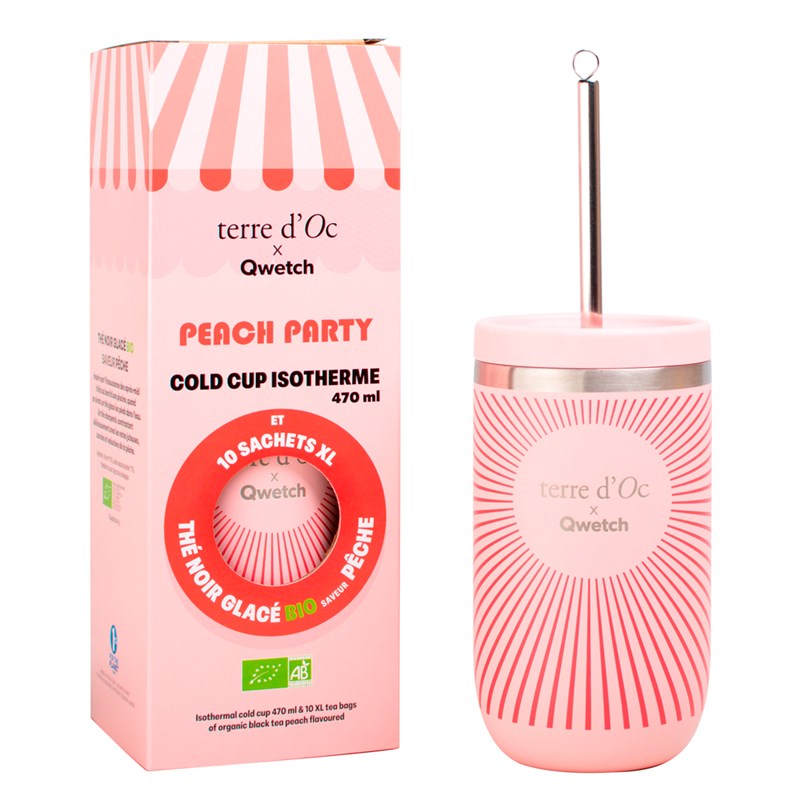 Coffret thé noir glacé bio saveur pêche et mug isotherme Qwetch terre d'Oc