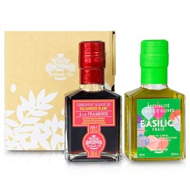 Coffret huile d'olive basilic 100ml et vinaigre balsamique blanc framboise 100ml