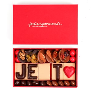 Coffret cadeau assortiment de chocolats noir praliné & gianduja Je t'aime 175g