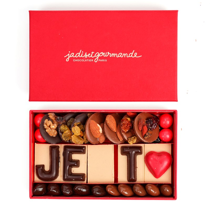 Coffret cadeau assortiment de chocolats noir praliné & gianduja Je t'aime 175g