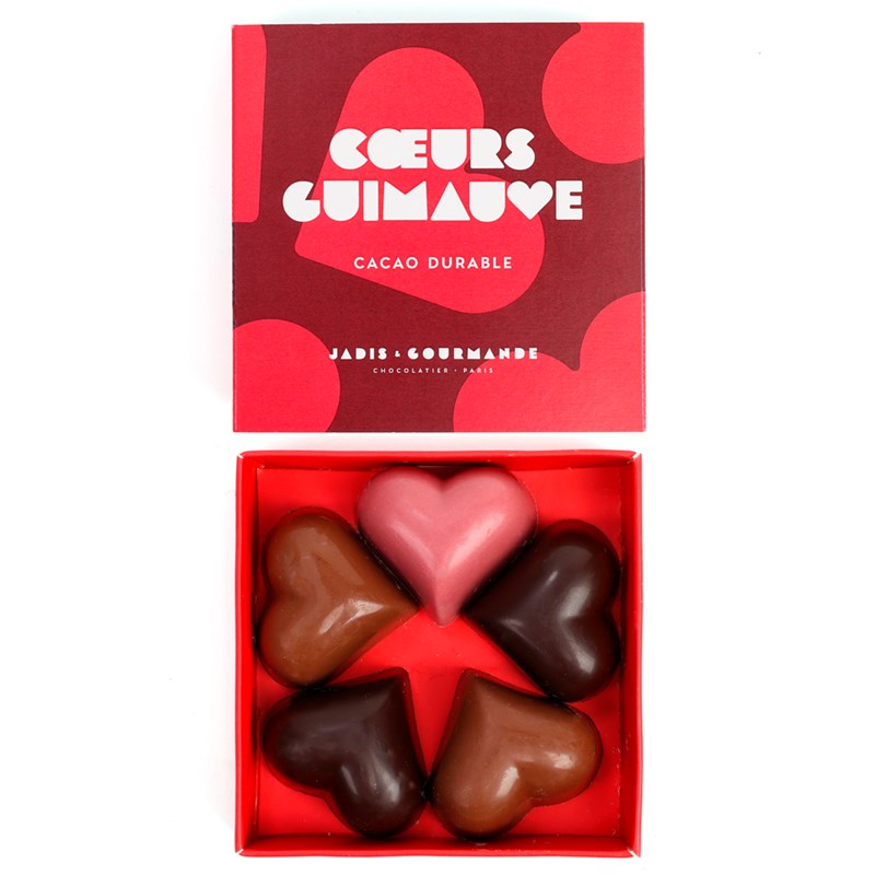 Boîte 5 coeurs en guimauve assortiment chocolat au lait noir chocolat ruby 43g