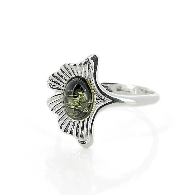 Bague Ginkgo argent et ambre vert