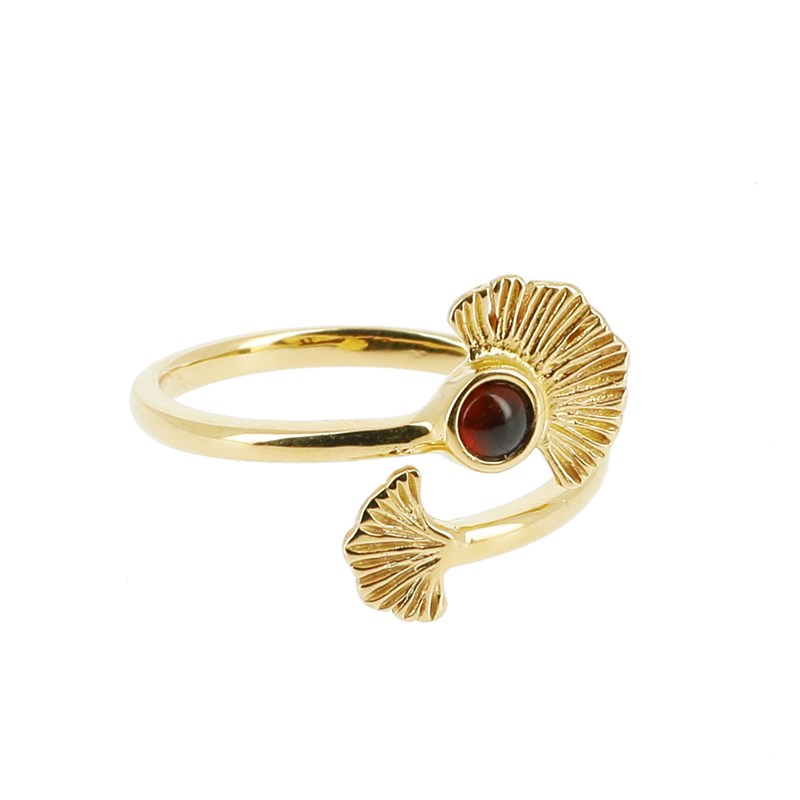 Bague Ginkgo ambre et argent doré