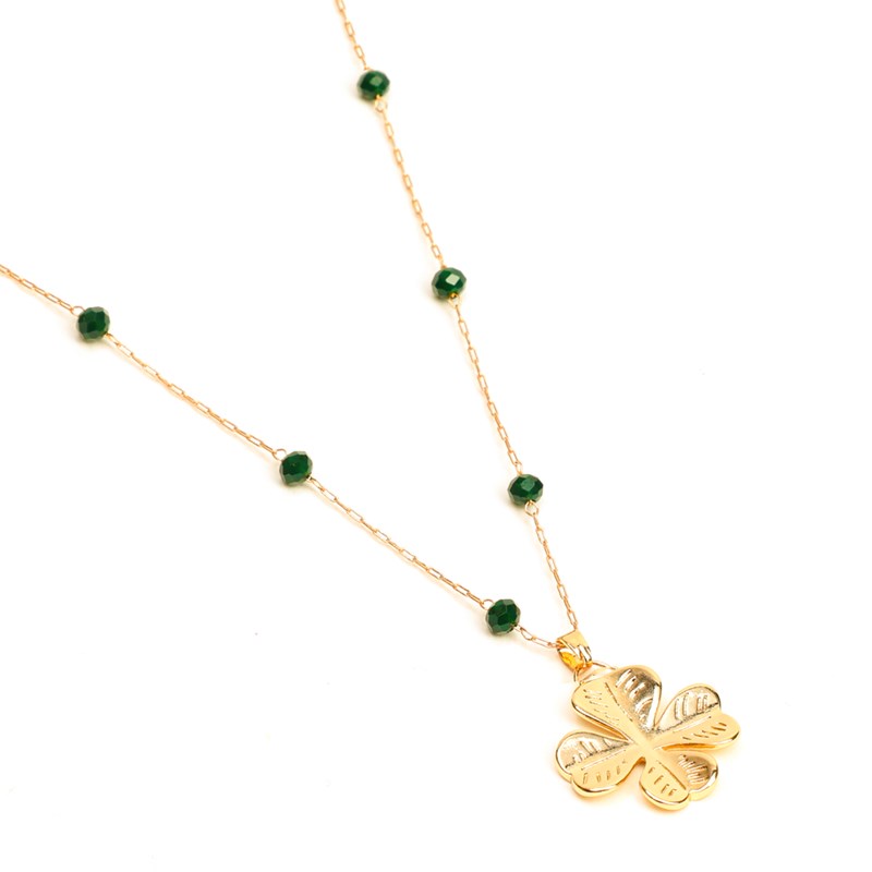 Collier sautoir en acier inoxydable doré motif trèfle et perles de verre