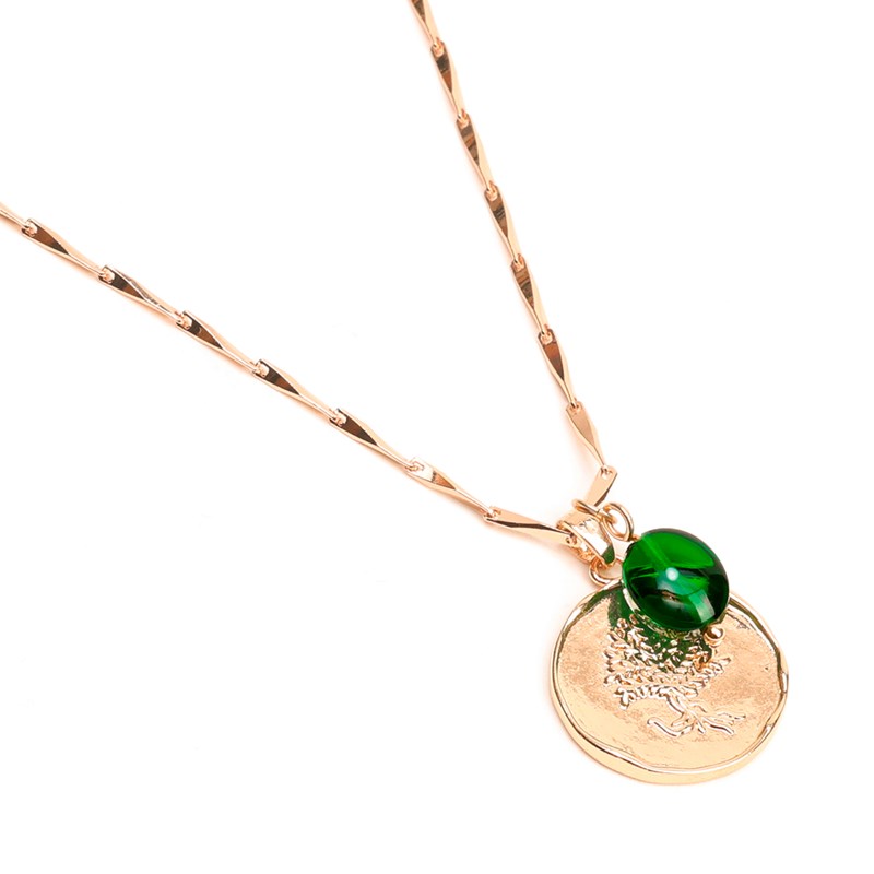 Collier médaille arbre de vie en acier inoxydable doré et perle de verre