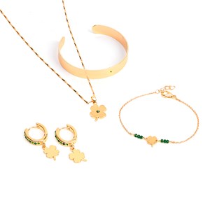 Bracelet Lucky en acier inoxydable doré trèfle et perles de verre