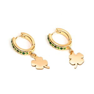 Boucles créoles en acier inoxydable doré motif trèfle et strass