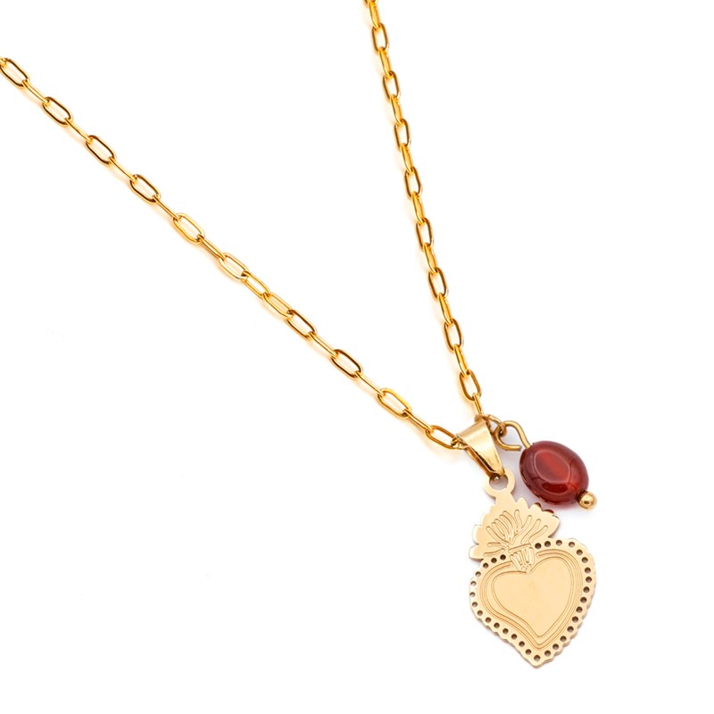 Collier cœur ex-voto cornaline et acier inoxydable