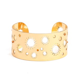 Bracelet manchette Soleil artisanal en acier inoxydable doré et perles de verre