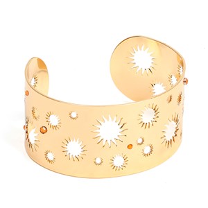 Bracelet manchette Soleil artisanal en acier inoxydable doré et perles de verre