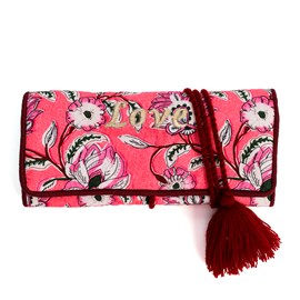 Trousse à bijoux de voyage artisanale roulée et brodée en tissu