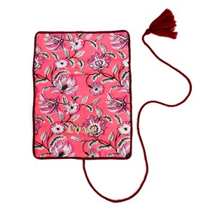 Trousse à bijoux de voyage artisanale roulée et brodée en tissu Rose