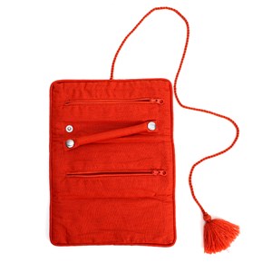 Trousse à bijoux de voyage artisanale roulée et brodée en tissu Bleu