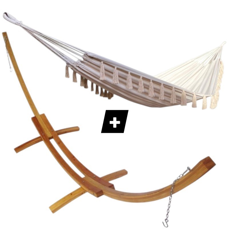 Set support bois avec hamac double ecru à pompons