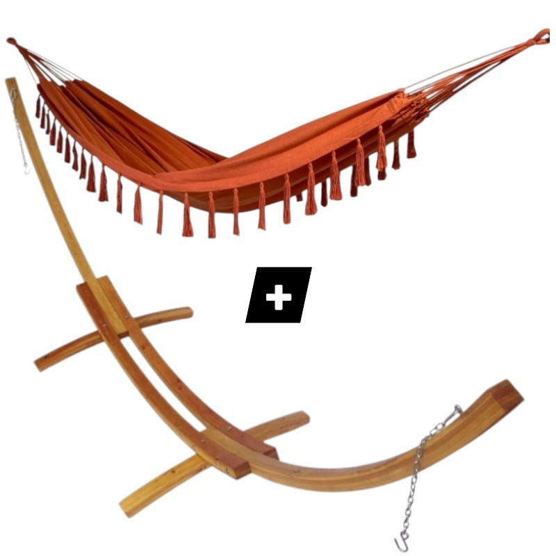 Set support bois avec hamac double orange à pompons