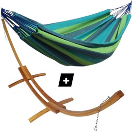 Set support double en bois avec hamac simple bleu et vert