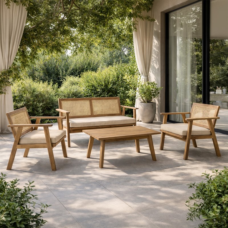 Hanoi salon de jardin 4 places en acacia et cannage