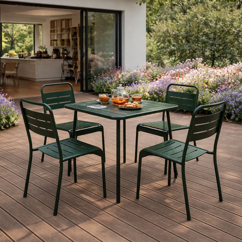 Bergame ensemble table de jardin carrée 70cm et 4 chaises vert