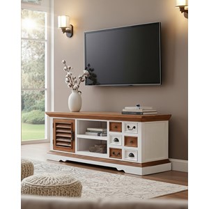 Inda - meuble tv en bois massif de sungkai blanc et naturel 140 cm