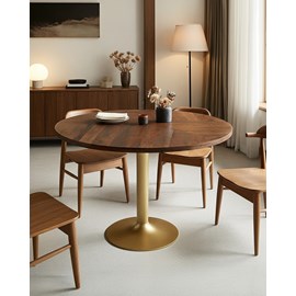Prague - table repas ronde en bois massif et pied tulipe doré d110 cm 6 pers