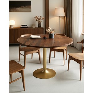 Prague - table repas ronde en bois massif et pied tulipe doré d110 cm 6 pers