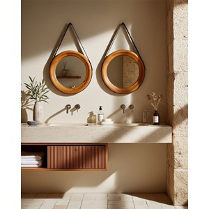 Brio - miroir rond pour salle de bain en bois et lanière en cuir